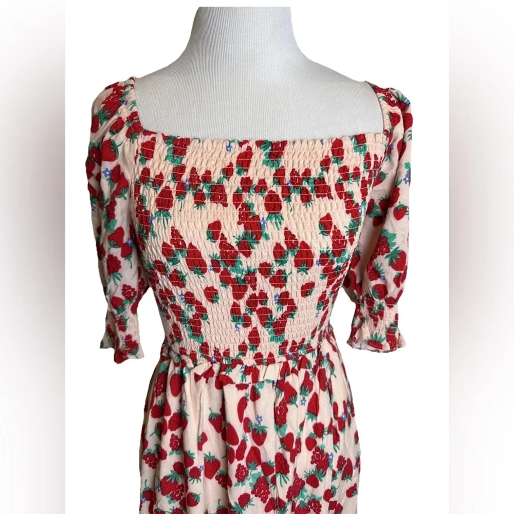 Betsey Johnson Dress XS Strawberry Fields Smocked Tiered Red Pink Cottage - Picture 2 of 12